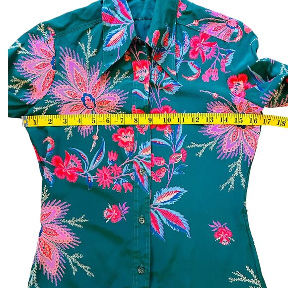 Franck Olivier Paris 1970s Silk Blouse French Size 40 Green Floral Dagger Collar - Picture 7 of 11